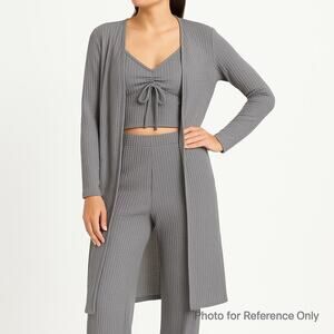 Waffle Knit Long Sleeve Open Front Cardigan 3 Pcs Set Womens Gray Classic Preppy